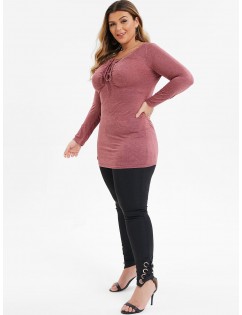 Plus Size Lace Up Grommet Long Sleeve Tunic Tee - Red Wine 3x