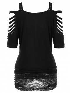 Plus Size Shredding Cold Shoulder Tunic T-shirt - Black 2xl
