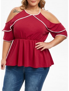 Plus Size Contrast Binding Open Shoulder T-shirt - Red Wine M