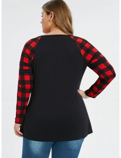 Plus Size Long Sleeve Plaid Studded T-shirt - Black L