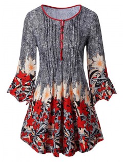 Plus Size Flare Sleeve Floral Print T-shirt - Gray 1x
