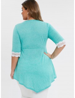 Plus Size Contrast Plunging Neck Flare T Shirt - Medium Turquoise L