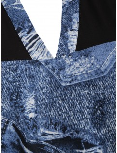 Plus Size V Neck 3D Ripped Jean Print Tunic T-shirt - Black L