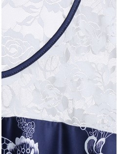 Plus Size Asymmetric Lace Insert Ditsy Print T Shirt - Lapis Blue L