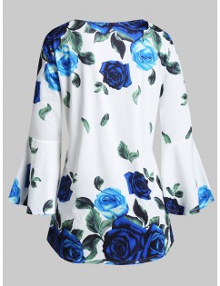 Plus Size Floral Print Bell Sleeve T-shirt - White L