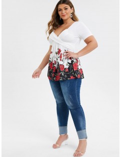 Plus Size Plunge Crossover Flower Print Tee - White L