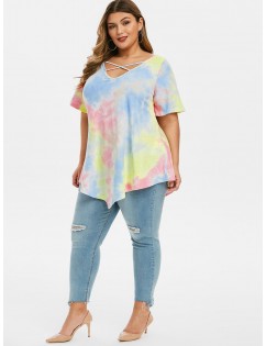 Plus Size Lace Insert V Neck Tunic T Shirt -  L