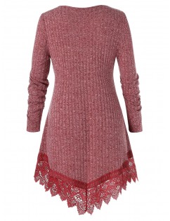 Plus Size Criss Cross Lace Panel Tunic Sweater - Cherry Red L
