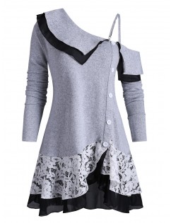 Open Shoulder Buttoned Lace Panel Tiered Plus Size Knitwear - Gray Cloud L