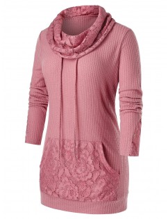 Plus Size Lace Panel Cowl Neck Drawstring Pocket Sweater - Lipstick Pink L