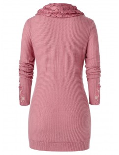 Plus Size Lace Panel Cowl Neck Drawstring Pocket Sweater - Lipstick Pink L