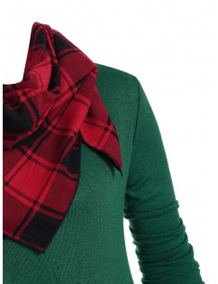V Neck Handkerchief Plus Size Knitwear With Plaid Scarf - Multi-a L