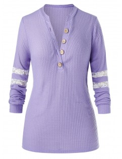 Plus Size Lace Panel Half Placket Knit Sweater - Purple Mimosa L