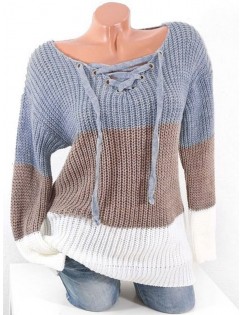 Plus Size Colorblock Lace Up Chunky Sweater -  L