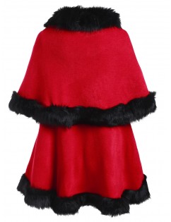 Faux Fur Trim Hook-and-Eye Plus Size Poncho Cardigan - Red One Size