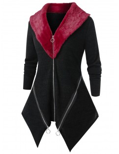 Plus Size Faux Fur Panel Zipper Contrast Cardigan - Black L