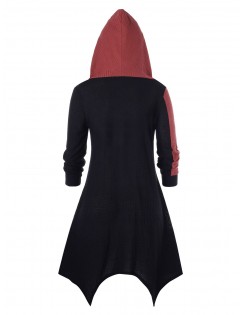 Plus Size Hooded Asymmetrical Contrast Sweater - Black L