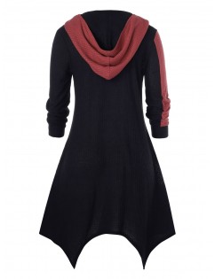 Plus Size Hooded Asymmetrical Contrast Sweater - Black L