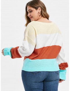 Plus Size Color Blocking Drop Shoulder Sweater -  M