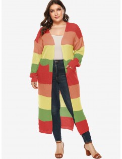 Plus Size Rainbow Color Open Front Long Cardigan -  M