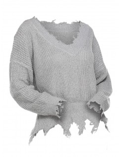 Plus Size Frayed Hem Solid Drop Shoulder Sweater - Gray Cloud L