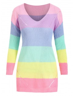 Plus Size Side Slit Rainbow Color Sweater -  L