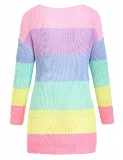 Plus Size Side Slit Rainbow Color Sweater -  L
