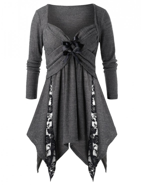Plus Size Asymmetric Bowknot Lace Panel Sweetheart Neck Sweater - Gray L