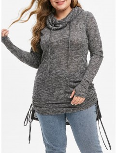 Plus Size Cowl Neck High Low Cinched Knitwear - Dark Gray L