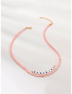 Bohemian Beaded Letter Cord Layers Necklace - Pink