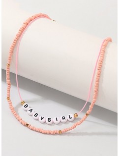Bohemian Beaded Letter Cord Layers Necklace - Pink