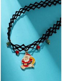 Santa Claus Lace Pendant Choker Necklace - Black