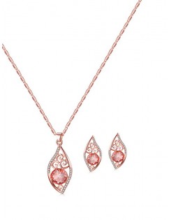 Hollow Out Floral Rhinestone Necklace and Earrings - Rose Gold