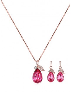 Faux Crystal Leaf Water Drop Jewelry Set - Deep Pink