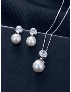 Rhinestone Faux Pearl Necklace and Earrings - Silver
