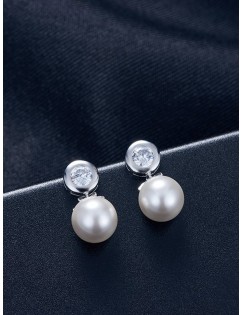 Rhinestone Faux Pearl Necklace and Earrings - Silver