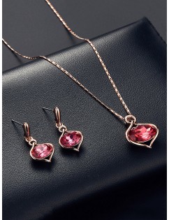 Elliptical Faux Crystal Necklace Earrings Set - Deep Pink