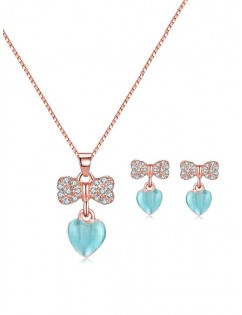 Rhinestone Bowknot Heart Pendant Necklace and Earrings - Blue