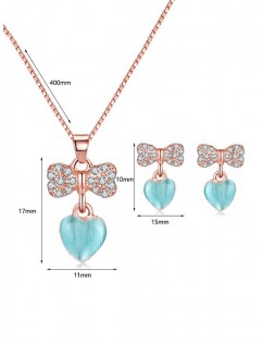 Rhinestone Bowknot Heart Pendant Necklace and Earrings - Blue