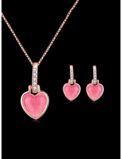 Rhinestone Heart Shape Pendant Necklace and Earrings - Deep Pink