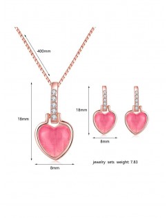 Rhinestone Heart Shape Pendant Necklace and Earrings - Deep Pink