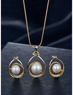 Faux Pearl Rhinestone Necklace and Earrings - Gold