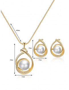 Faux Pearl Rhinestone Necklace and Earrings - Gold