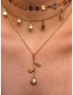 Sequin Star Rose Flower Pendant Layered Necklace - Gold