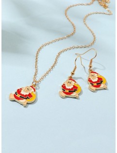 Christmas Santa Claus Chain Necklace and Hook Earrings - Gold