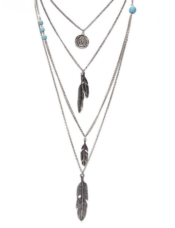 Artificial Turquoise Feather Layered Pendant Necklace - Silver