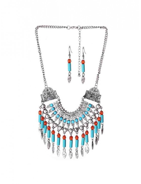 Bohemian Fringe Carved Statement Necklace Earrings Set - Silver