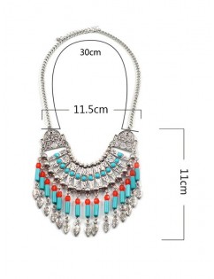 Bohemian Fringe Carved Statement Necklace Earrings Set - Silver