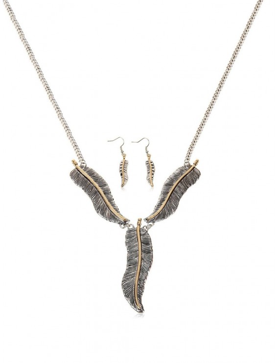 Feather Shape Pendant Jewelry Set - Silver