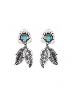 Carved Leaf Turquoise Drop Earrings - Silver